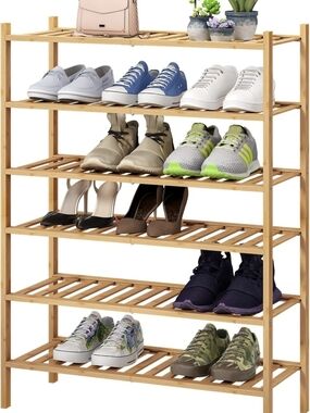 Bamboo 6-Tier Shoe Rack Organizer - Natural Wood NIP